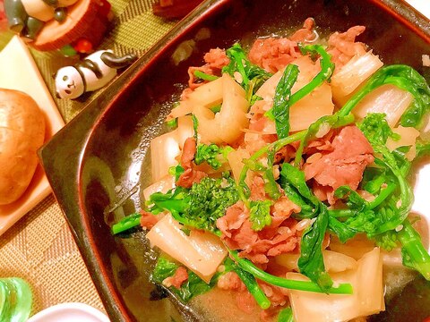 菜の花とセロリとラム肉のオイスター炒め